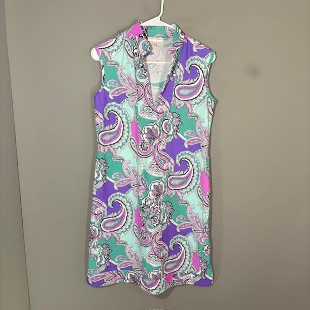 Jude Connally Dress Womens Small Green Paisley Jersey Shift Sleeveless Collared